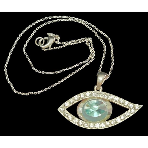 Vintage Blue Evil Eye Silvertone Pendant Necklace - Picture 1 of 6
